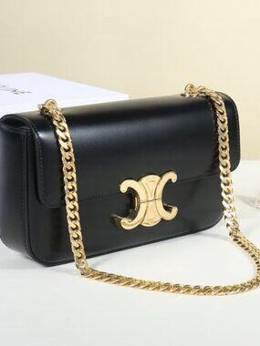 Celine Black Leather Shoulder Bag with Gold Chain